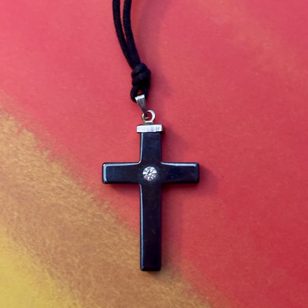 Silver Tone Hematite Cross Pendant with Crystal Accent Detail on Black Cord 🖤🤍🩶